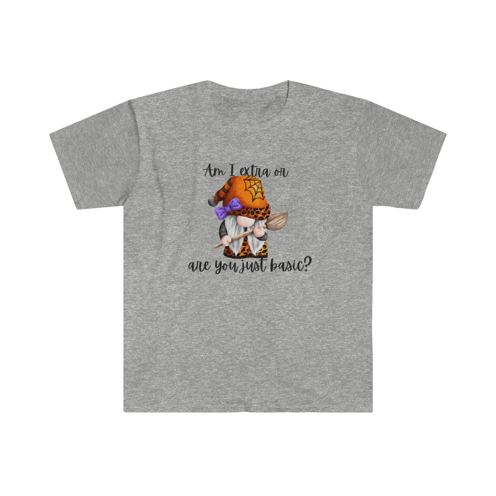 Halloween Gnome, Orange, purple, Am I extra or are you just basic? Snarky humor, Unisex Softstyle T-Shirt
