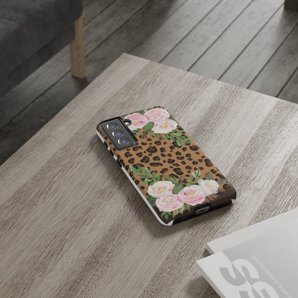 Cell Phone -Tough Cases- Leopard print with pink flowers- origianl artwork