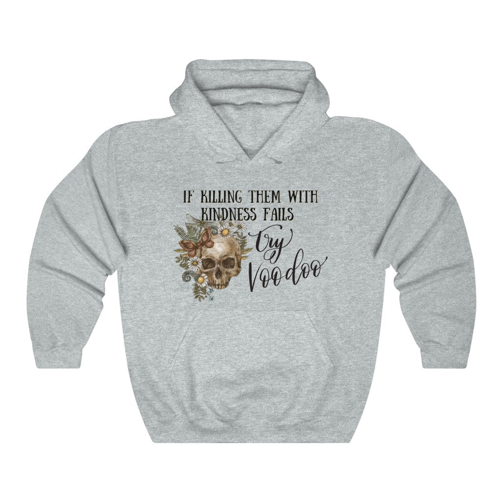 Voodoo, kill them with kindness, skull & floral Yellow mites colors Unisex Heavy Blend™ Hooded Sweatshirt