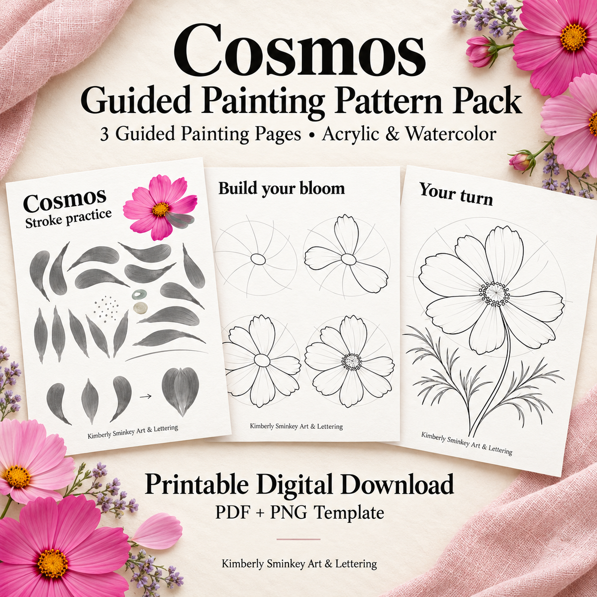Cosmos Flower Painting Practice Pack | Watercolor & Acrylic Digital Download