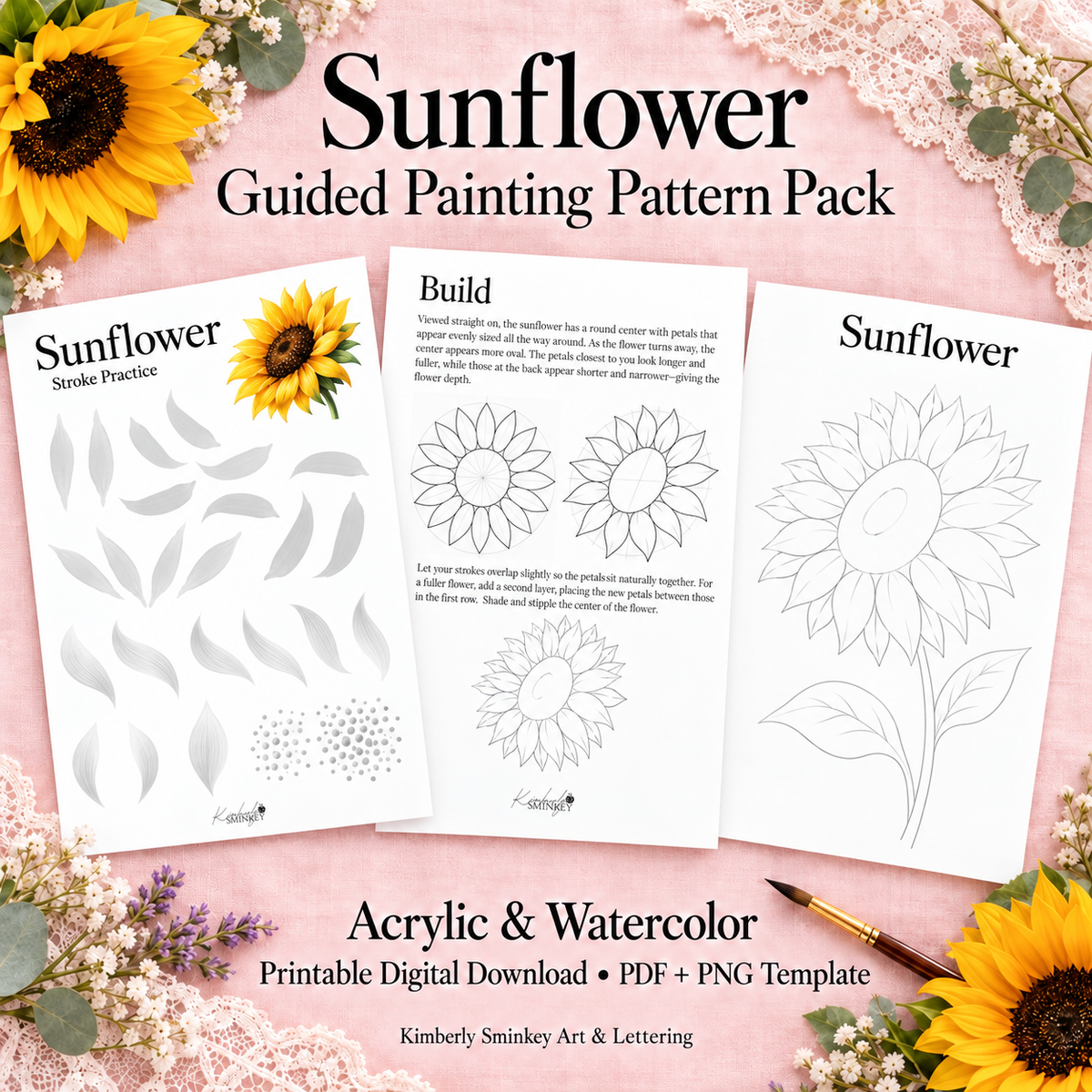 Sunflower Flower Painting Practice Pack | Watercolor & Acrylic Digital Download
