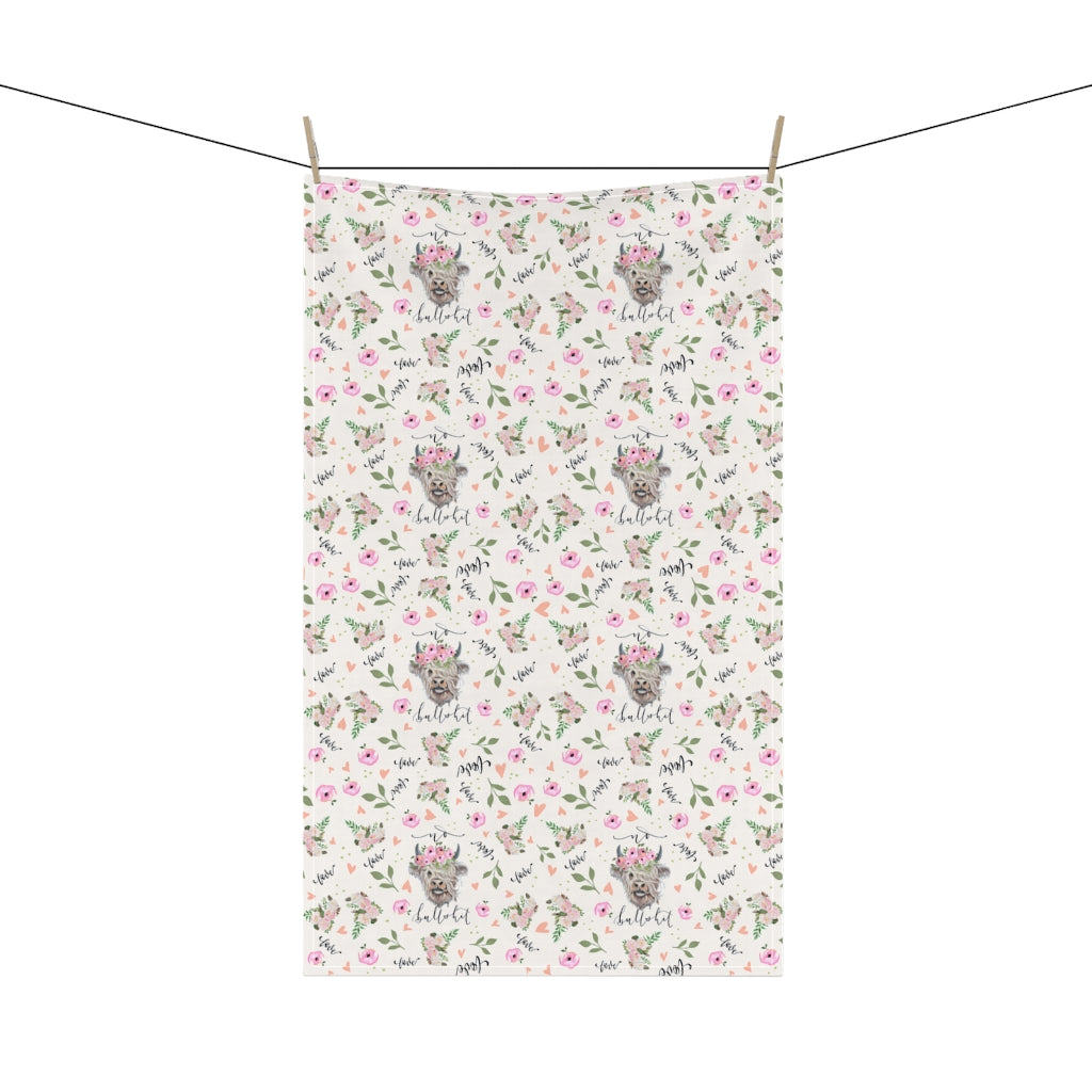 No Bullsh*t Highland Cow pink Floral Kitchen Towel